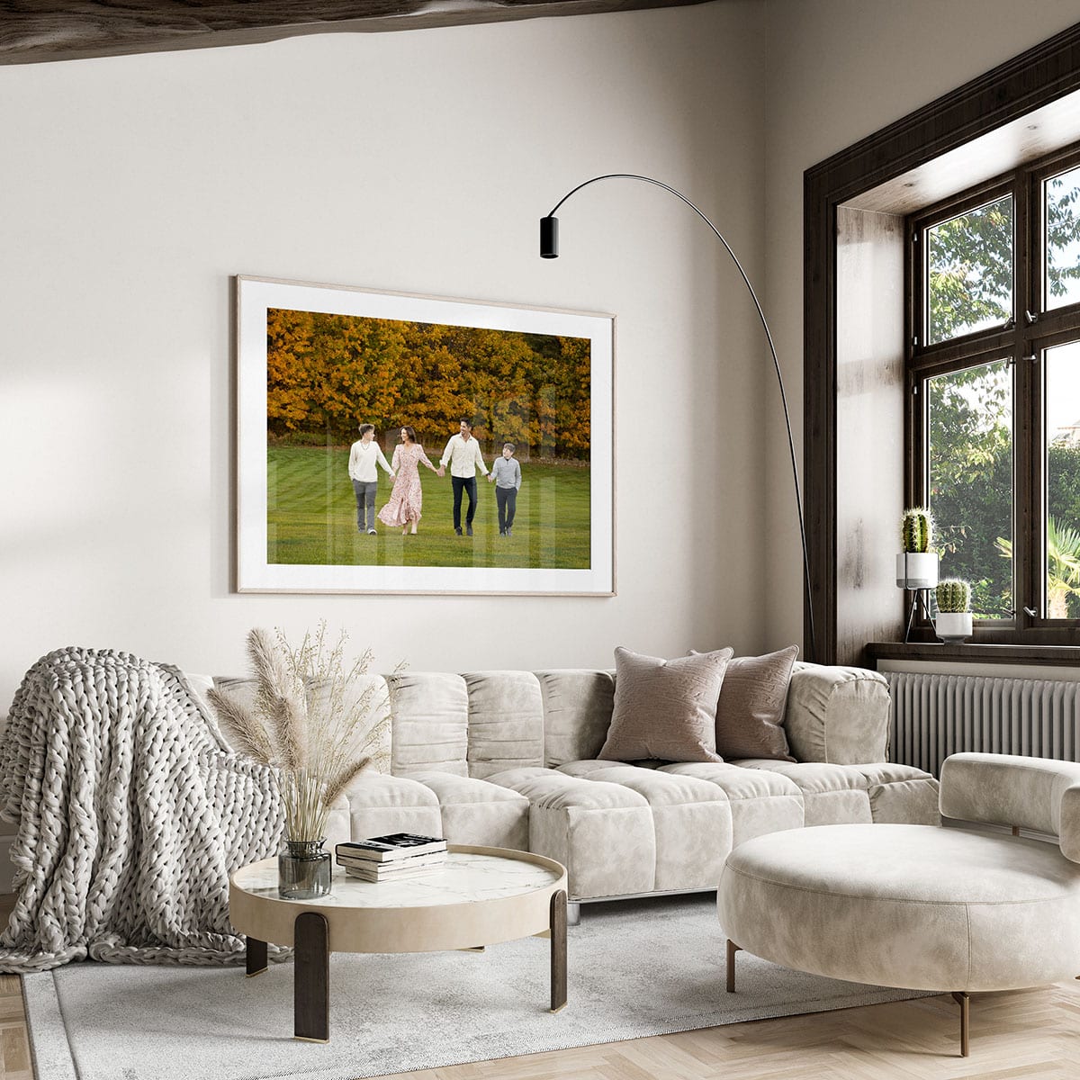 In peak color, October, neutrals and shades of blue stand out from the color while warm tones blend cohesively. What to wear in fall family portrait in Wisconsin in October